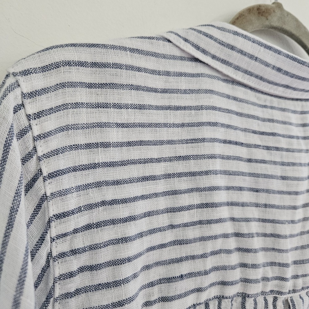 Christian Siriano L Womens Linen Striped Button Down Blue White Nautical Coastal - Picture 6 of 8